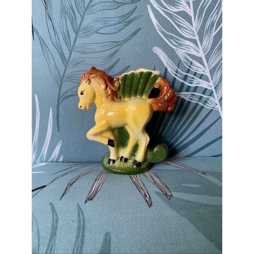 Horse Planter Vase Ceramic Yellow Vintage MCM Retro Art Deco